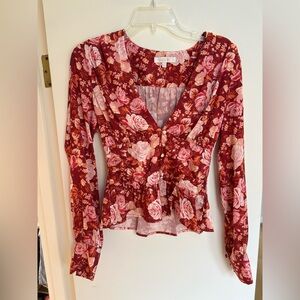 Wayf Red and Pink Floral Smocked Blouse